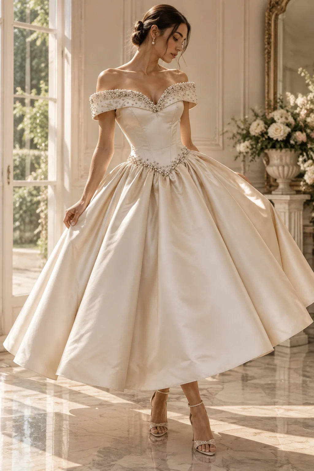 Wedding Dress – Pearl Beaded Off Shoulder Satin A-Line – Bridal | KIMLUD