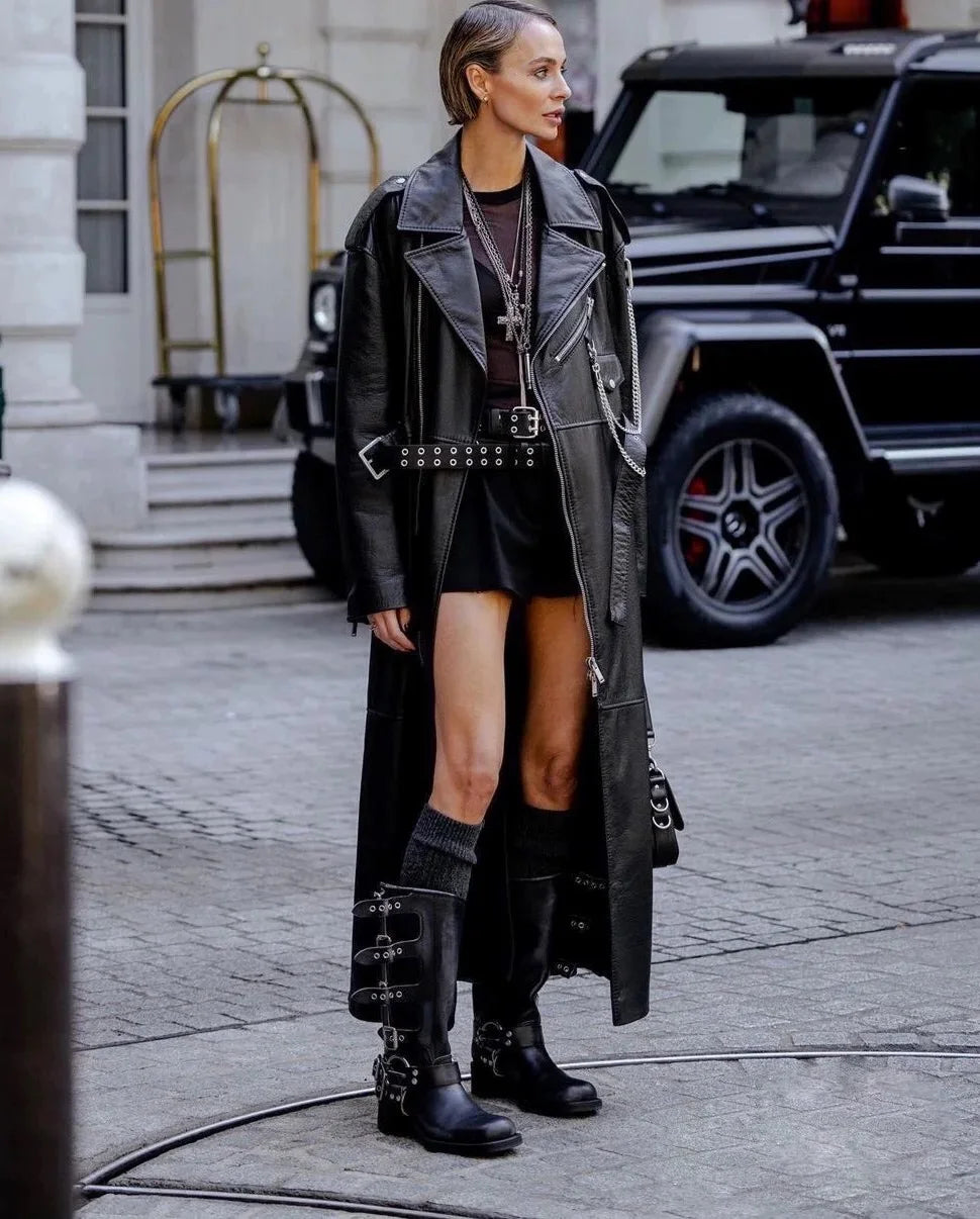 Knee-High Western Boots – Platform Rivet Belt Buckle – Genuine Leather | KIMLUD