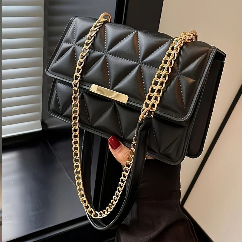 PU Leather Shoulder Bag Quilted Chain Small Square — Black | KIMLUD