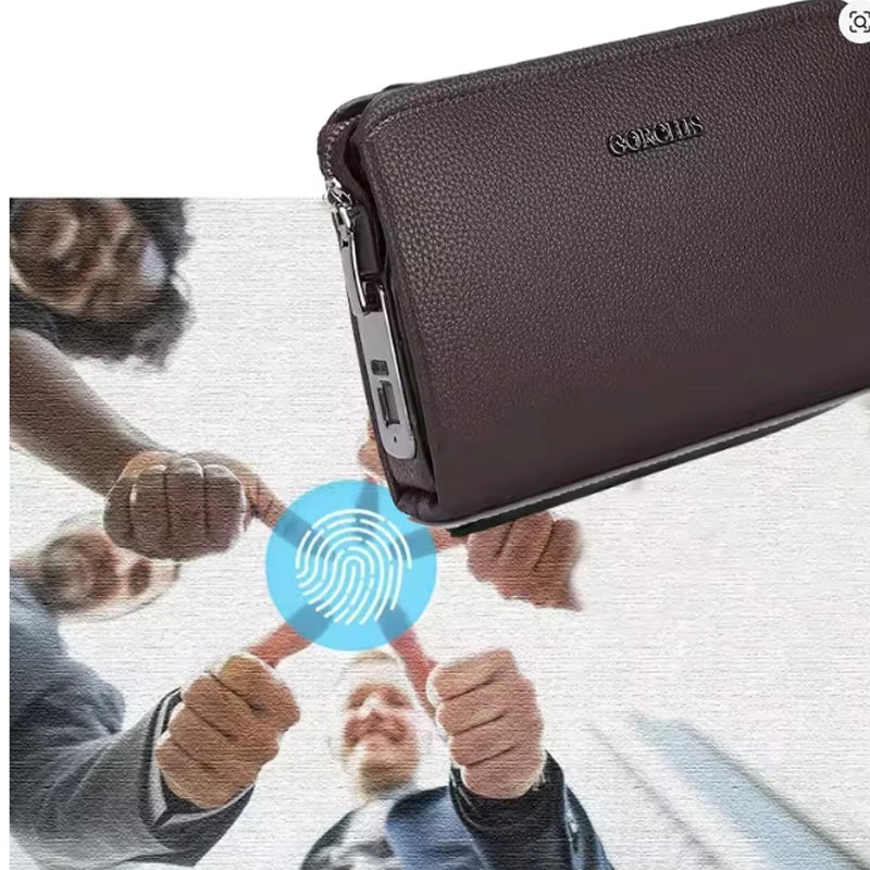 Leather Wallet Clutch Fingerprint Lock — Black | KIMLUD