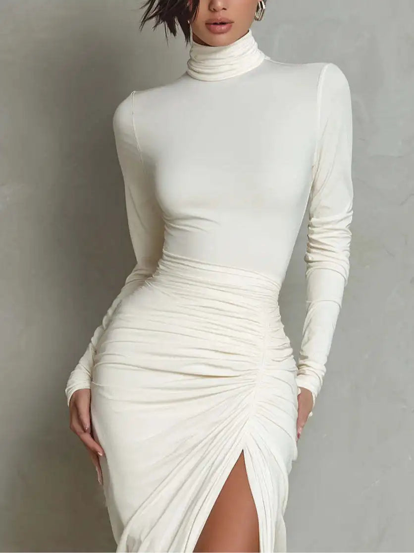 Polyester Ruched Solid Bodycon Midi Dress — White | KIMLUD