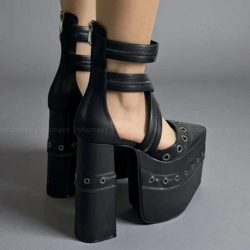 KIMLUD, Sexy Women Mary Janes Chunky Heel Pumps Platform Shoes Pointed Toe Ankle Cross Strap Chain Decor Dress Shoes High Heel Sandals, KIMLUD Womens Clothes