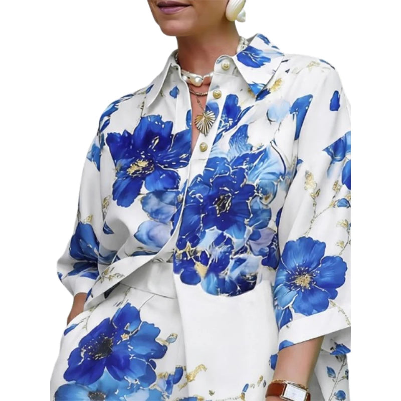 Lapel Blouse – Floral Printed – Polyester – Blue | KIMLUD