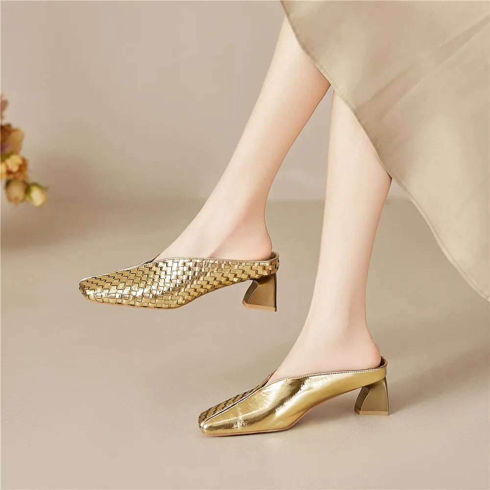 Metallic Cow Leather Slip-On Heels — Gold | KIMLUD