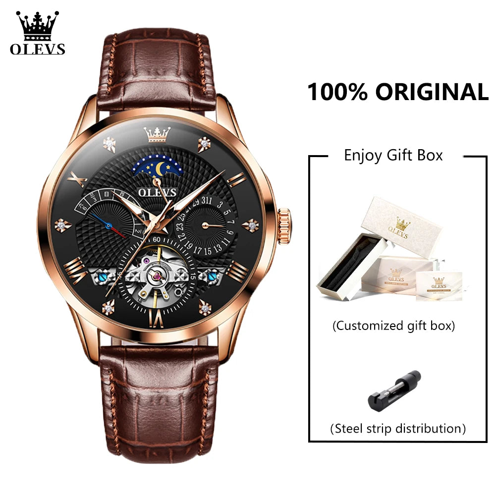 Leather Moon Phase Automatic Watch — Black | KIMLUD