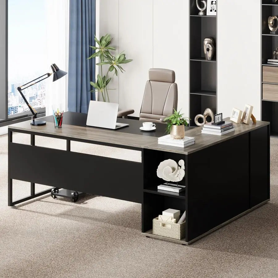 71 inch Executive Desk, L Shaped Desk with Cabinet Storage, Executive Office Table with Shelves, Business Furniture Set Worksta
