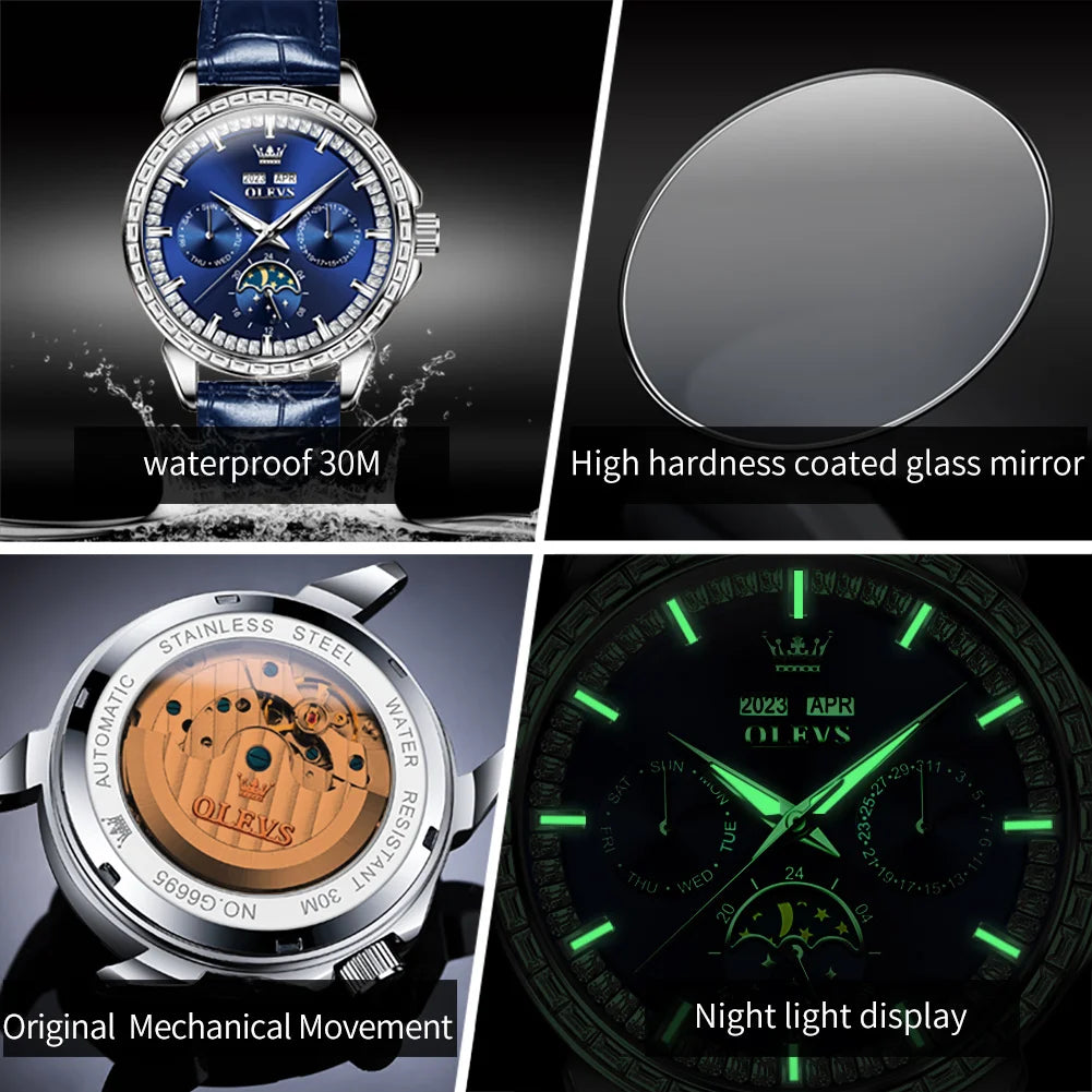 Leather Strap Watch Moon Phase Dial — Sapphire Blue | KIMLUD