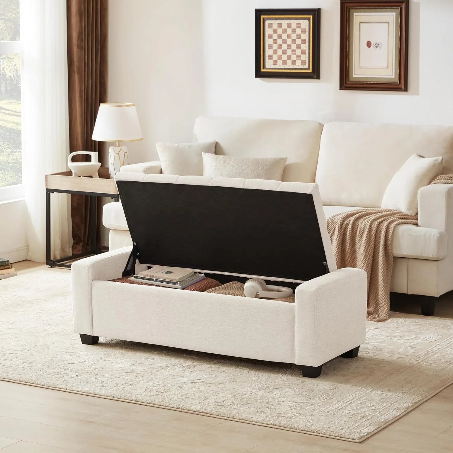 Storage Ottoman Bench with Safety Hinge & Storage, Upholstered Storage Bench with Seating for Bedroom, Living Room, Beige