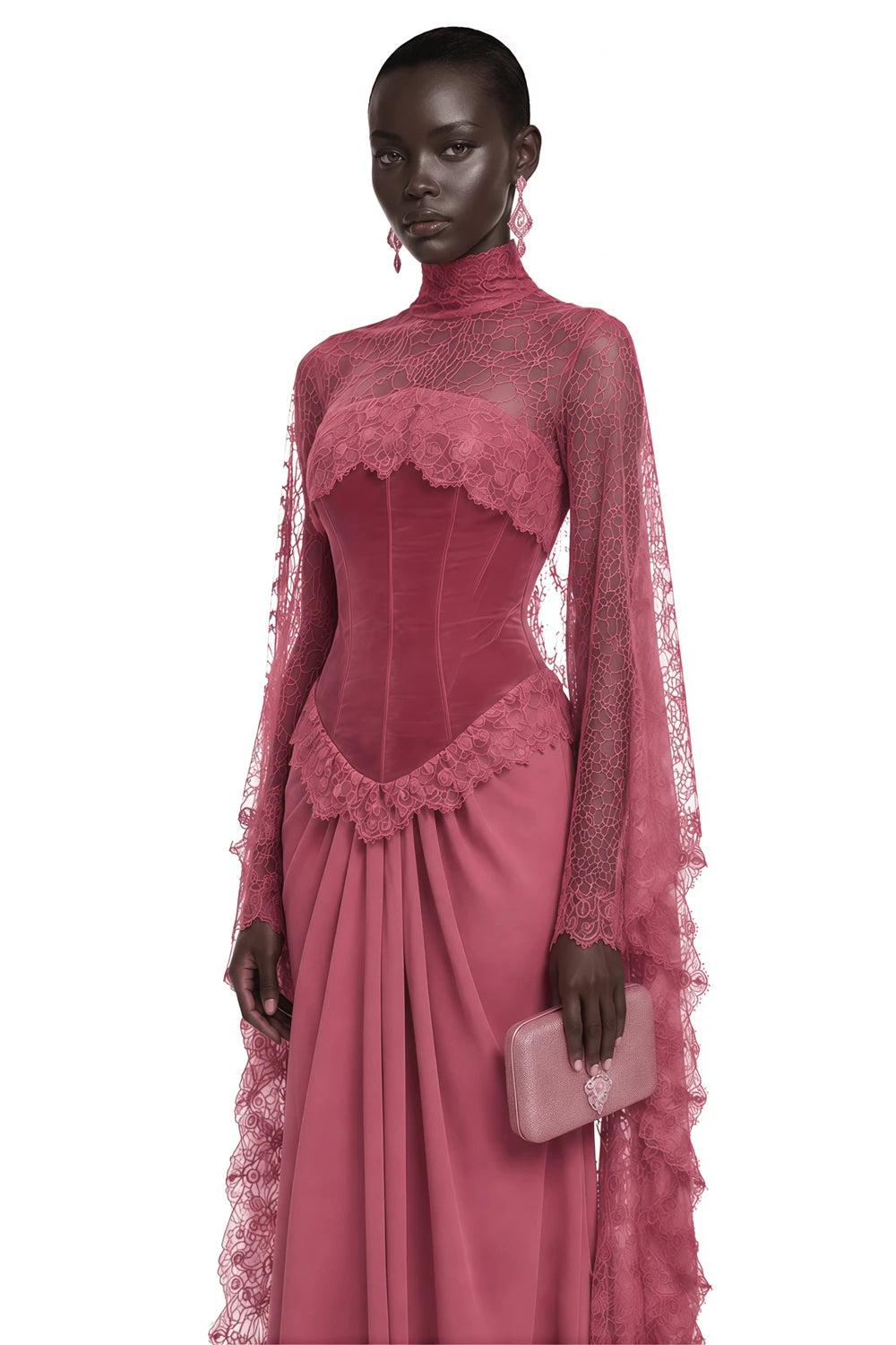 Mermaid Prom Dress – High Neck Lace – Mermaid Silhouette – Dusty Rose | KIMLUD