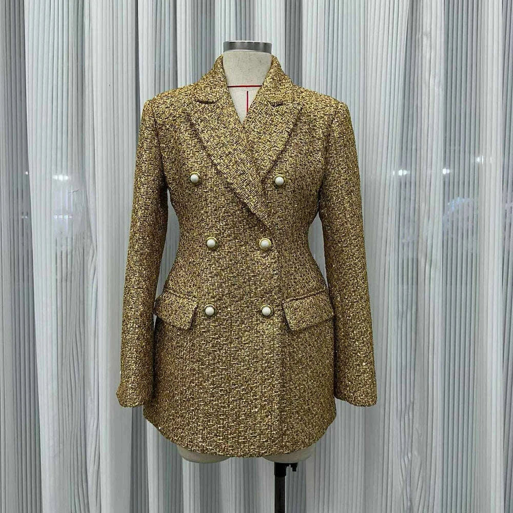 KIMLUD, VGH Chic Luxurious Tweed Blazer for Wommen Noched Collar Long Sleeve Patcfhwork Double Breasted Elegant Formal Coat Female New, KIMLUD Womens Clothes