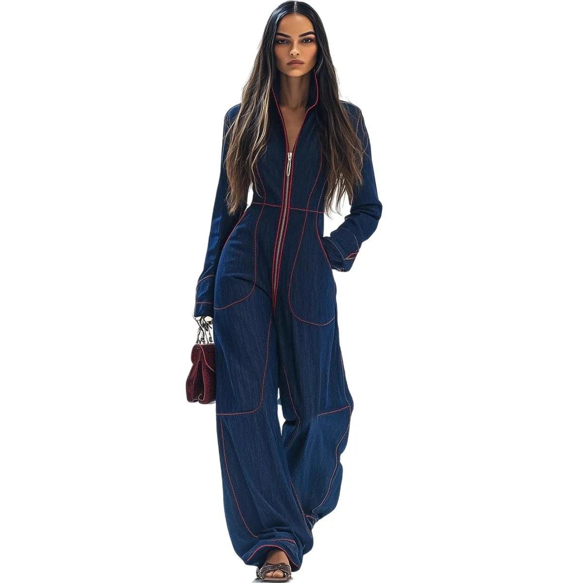 Polyester Jumpsuit Waist-Cinched Wide-Leg Stand Collar — Black | KIMLUD