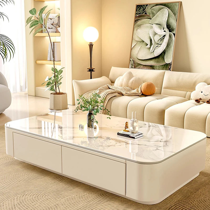 Rock-Slab Coffee Table With Wooden Frame — White | KIMLUD