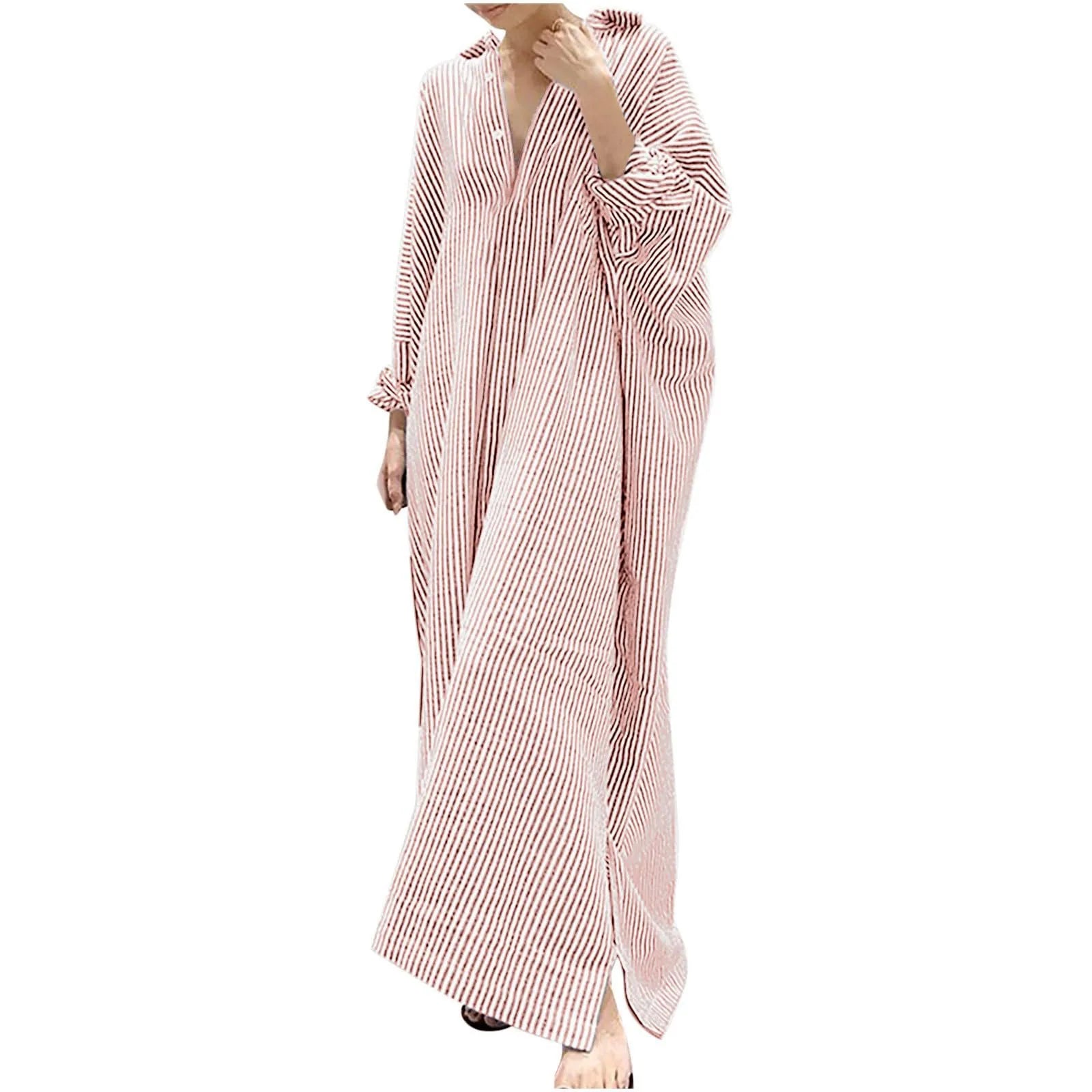 Cotton Maxi Dress Striped — Red and White | KIMLUD