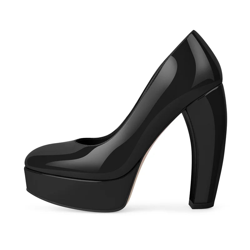 Pumps - Platform Patent Leather Chunky Heel - Round Toe | KIMLUD