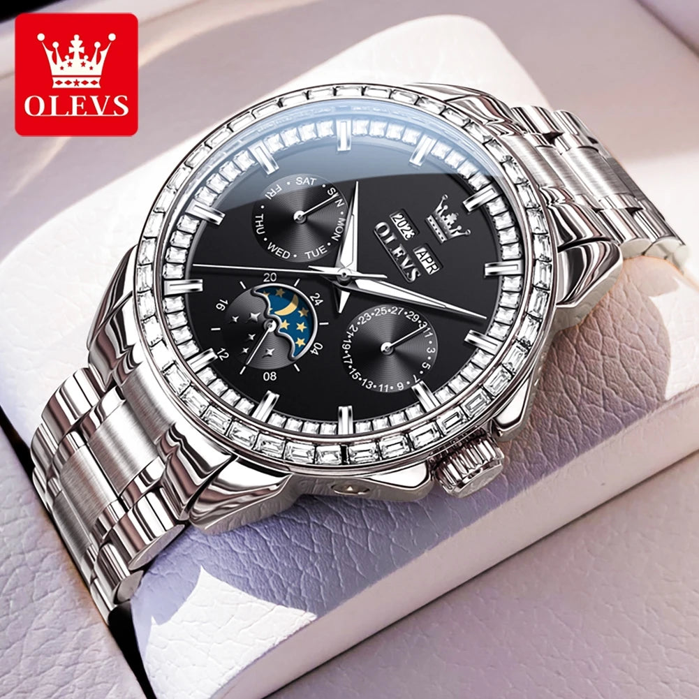 Moon Phase Leather Luxury Watch Diamond Bezel With Automatic Movement 41mm Case — Blue | KIMLUD