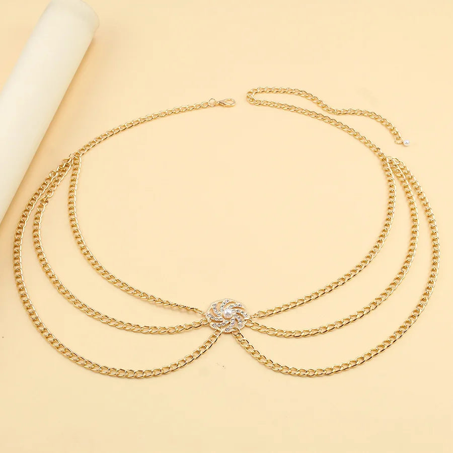 Gold-Tone Waist Chain Belt Diamond Pearl Disc Inlays With Radiant Faceting — Gold-Tone | KIMLUD