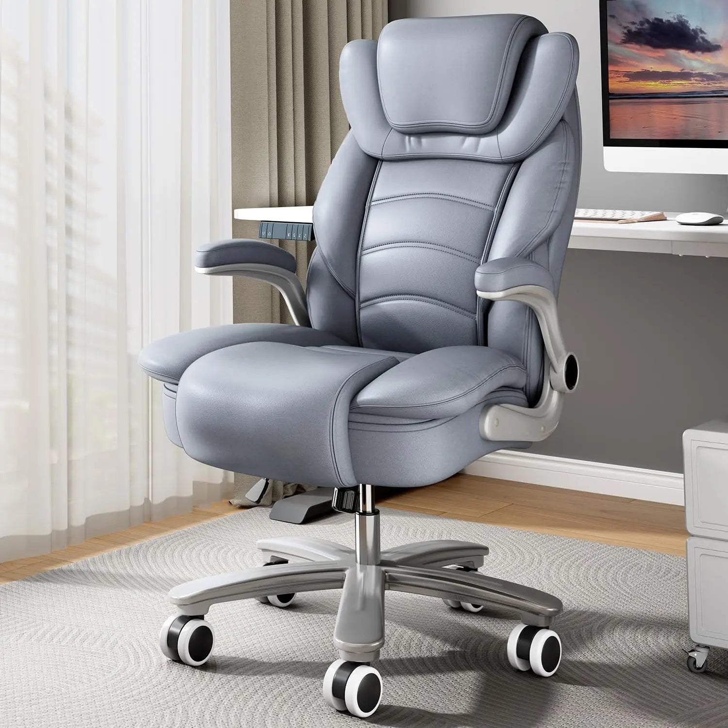 Office Chair 400lb Wide Seat, Ergonomic High Back Leather Executive Desk Chair with Flip-up Arms, Gray/Blue