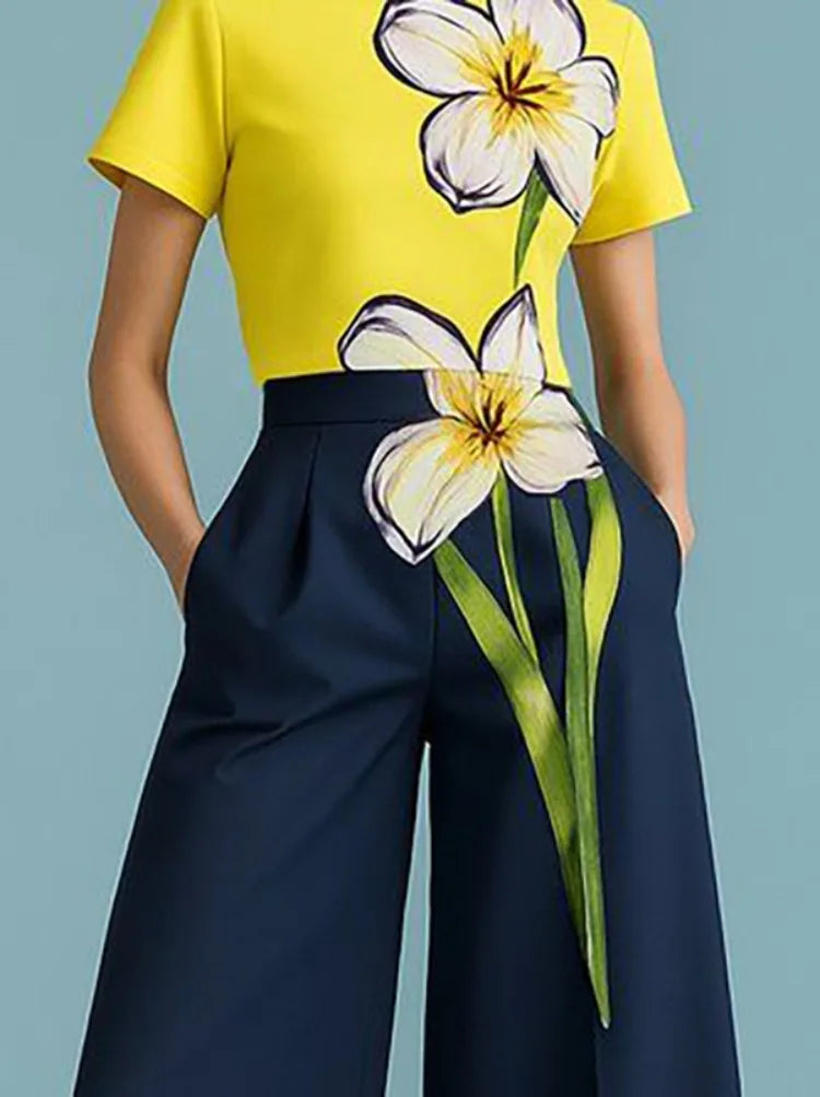 Floral Printed Matching Sets Elastic High-Waist Wide-Leg Pants — Yellow | KIMLUD