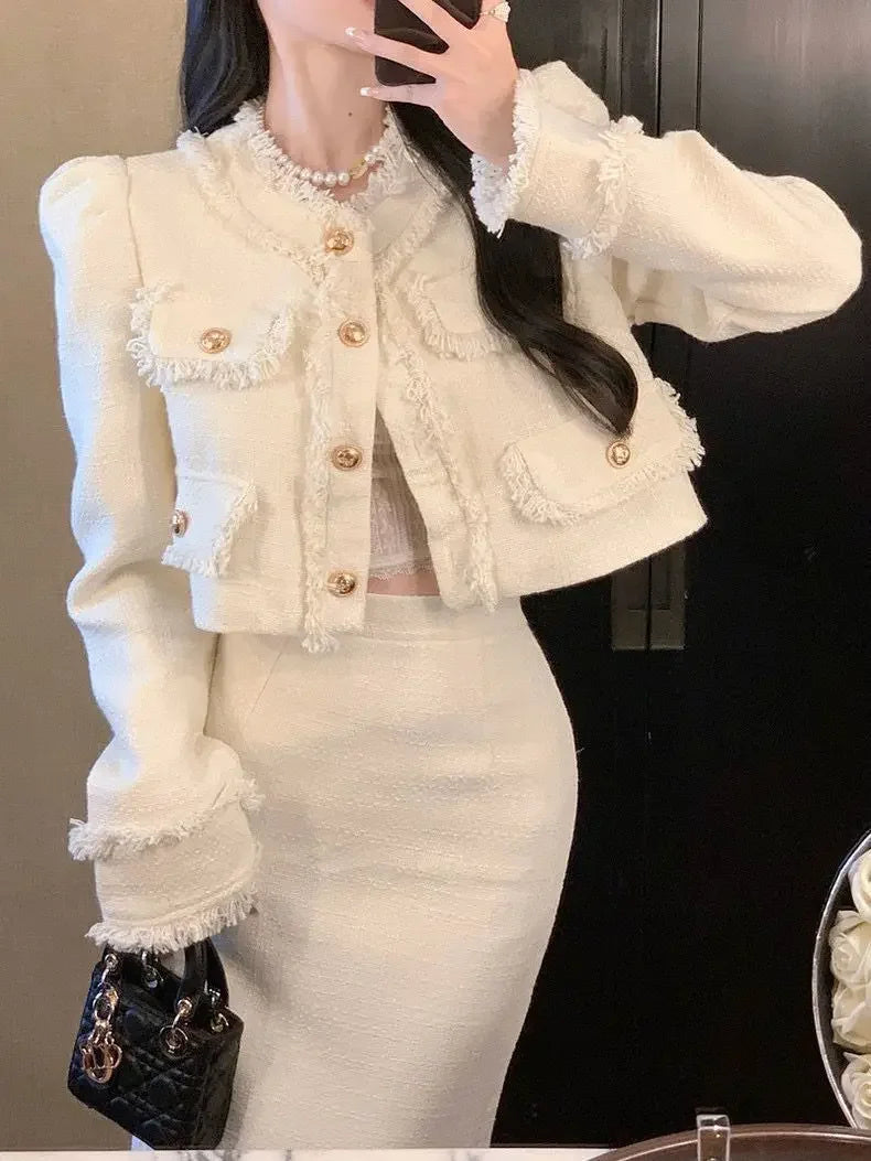 KIMLUD, Elegantsocialite Styletweed Long Sleeve Jacket Slimming Skirt New Autumn Fashion Korean Style 2-piece Set, KIMLUD Womens Clothes