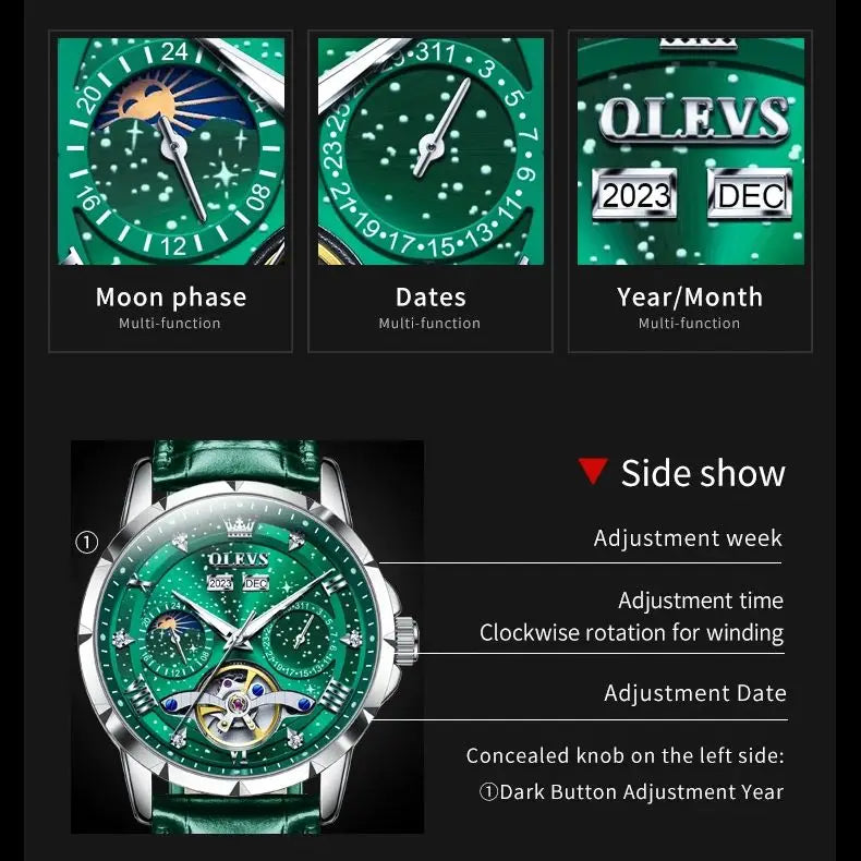 Moon Phase Mechanical Watch Skeleton — Emerald Green | KIMLUD