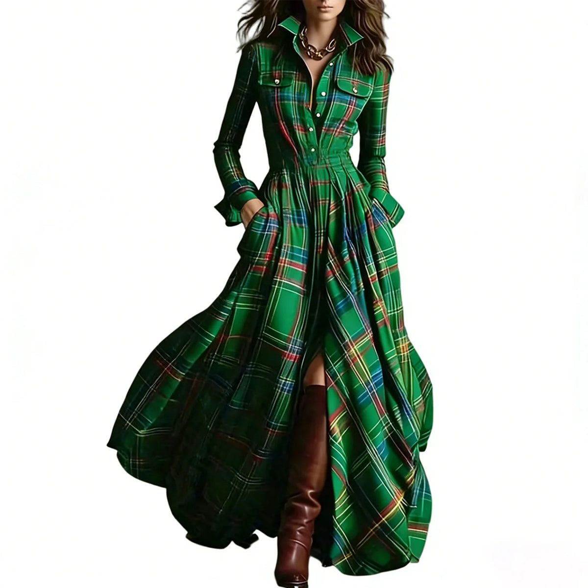 Retro Plaid Long Dress – Irregular Hem Slit – Shirt Dress – Polyester | KIMLUD