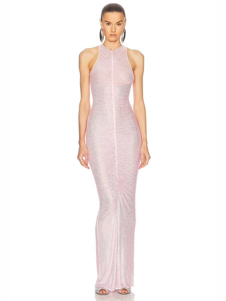 Sexy Sleeveless O Neck Diamonds Mermaid Long Dress Women Pink Fold Ruched Slim Runway Celebrity Evening Party Club Maxi Dresses