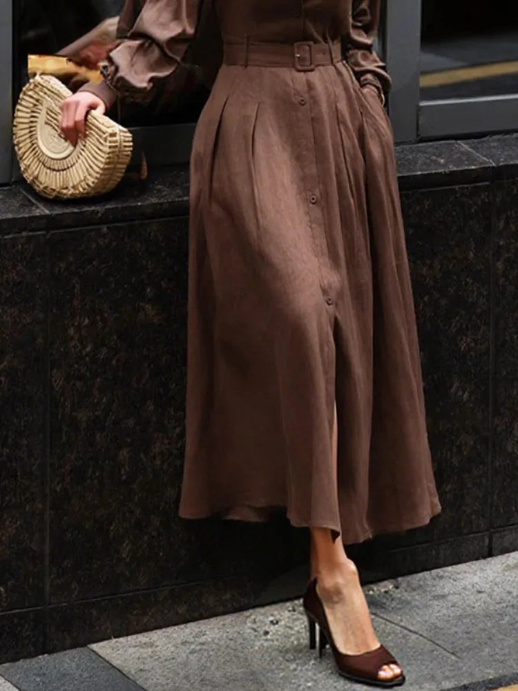 Gymystars Long Sleeve Dress Woman Fall 2025 Lapel Shirt Dress Fashion Loose Pleated Belt Decoration Casual Button Maxi Dresses