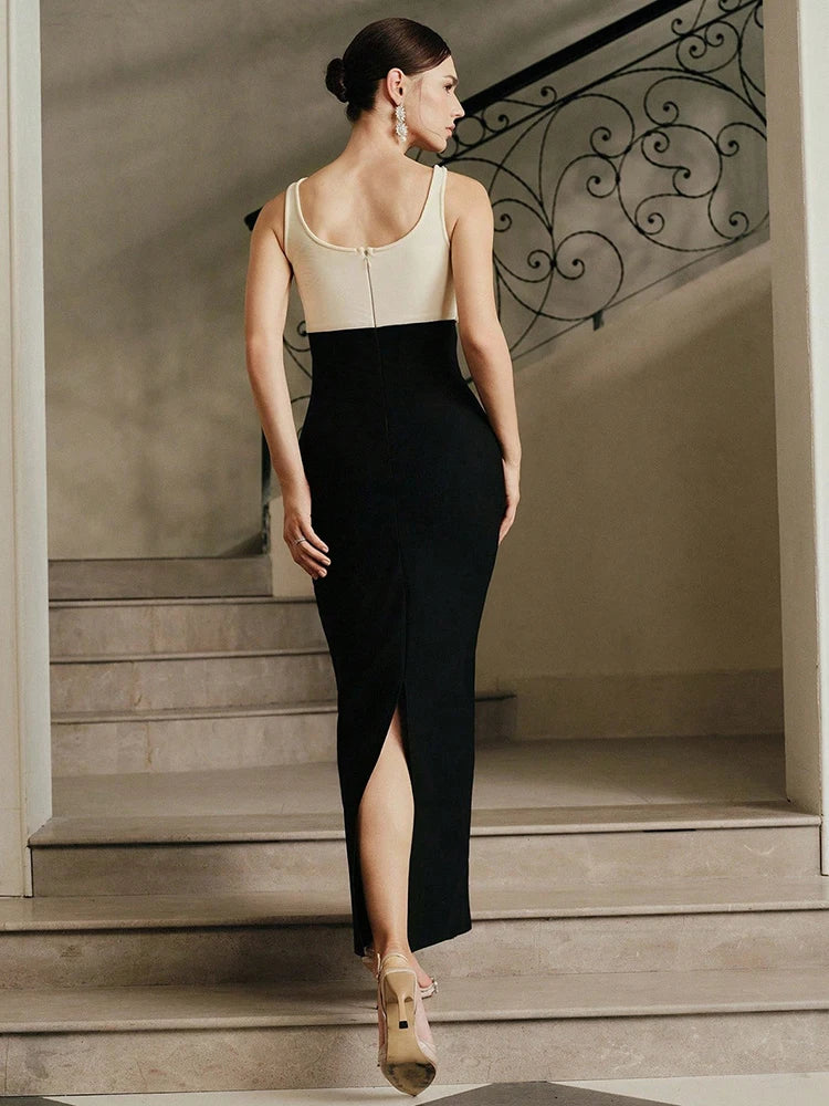 VC Evening Retro Opulence Color-Block Strappy Crystal & Pearl Design Gown Fashion Party Gala Maxi Dress