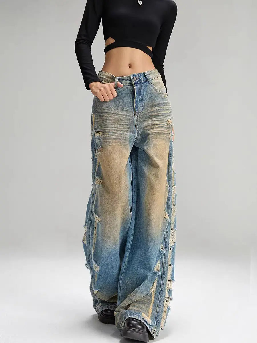 Jeans Ripped Tassel Wide Leg Denim — Blue | KIMLUD