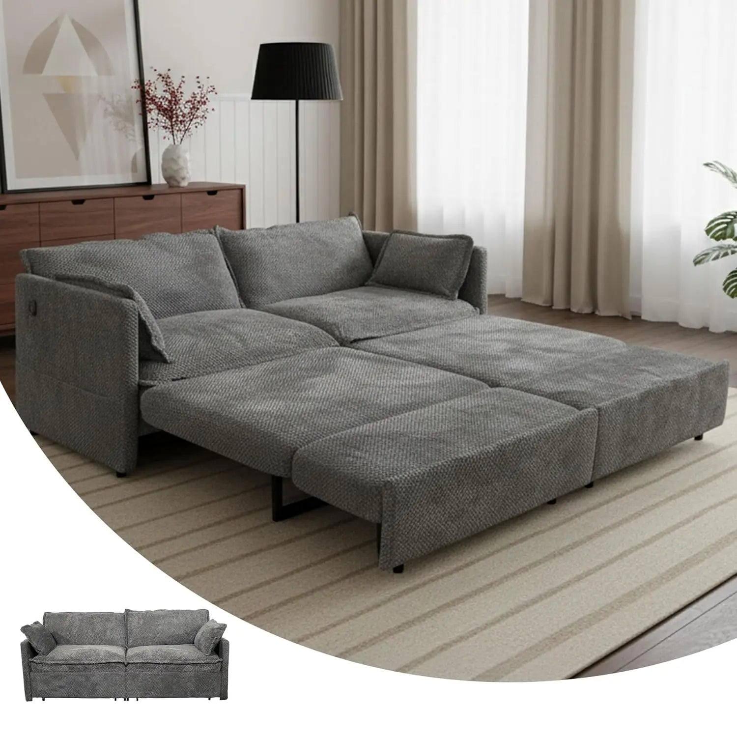 73in 3-in-1 Convertible Sofa Bed USB&C Ports Corduroy Sleeper with Side Pockets Living Room Bedroom Apartment Grey, Customized