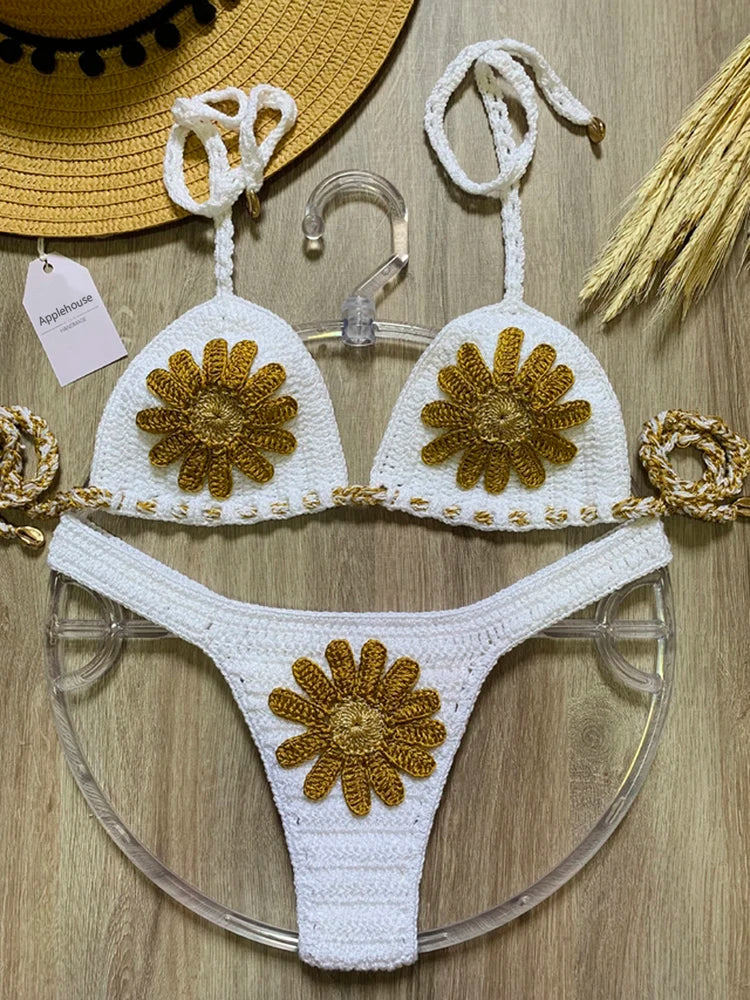 Crochet Bikini Set With Gold Floral Appliqués — Navy | KIMLUD