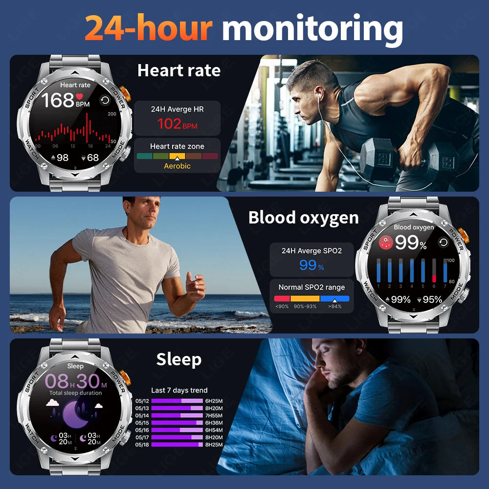 LIGE Smart Watch Man 1000mAh Long Standby Outdoor Smartwatch Men LED Flashlight Waterproof Heart Rate Sport BT Call Smartwatches