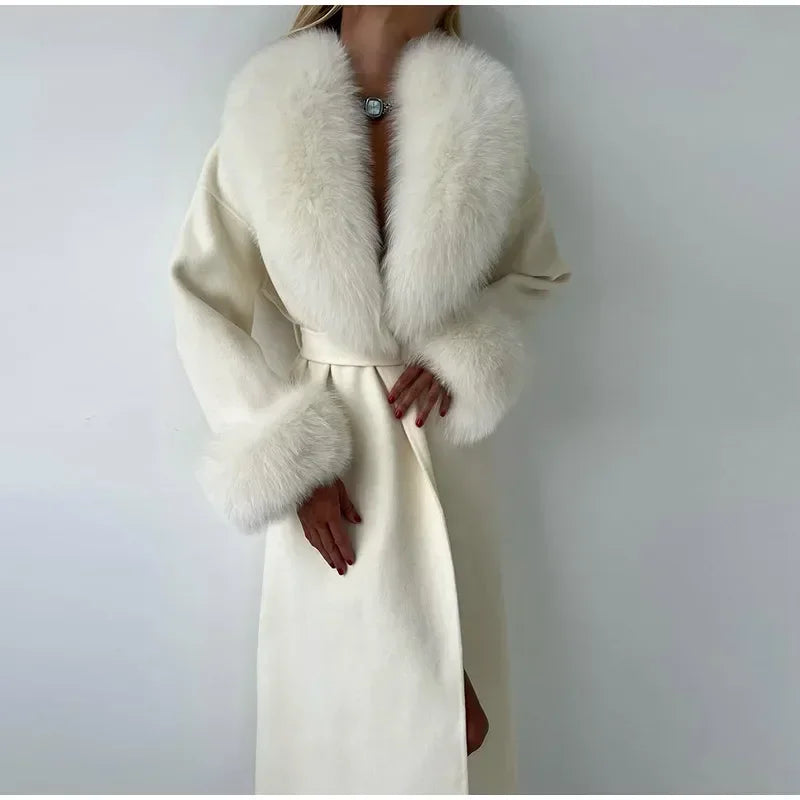 Retro Black Fur Patchwork Woolen Coat Women Chic Full Sleeve V-neck Lace Up Loose Long Overcoat 2025 Lady Winter Commute Outwear