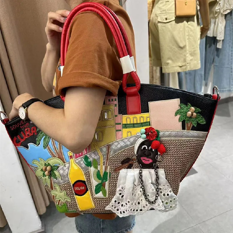 PU Leather Embroidered Shoulder Bag — Black | KIMLUD
