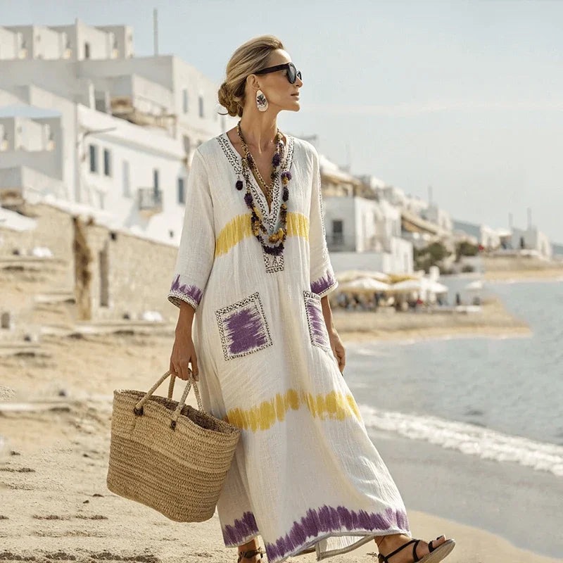 Geometric Print Polyester V-Neck Long Dress With Pockets — White | KIMLUD