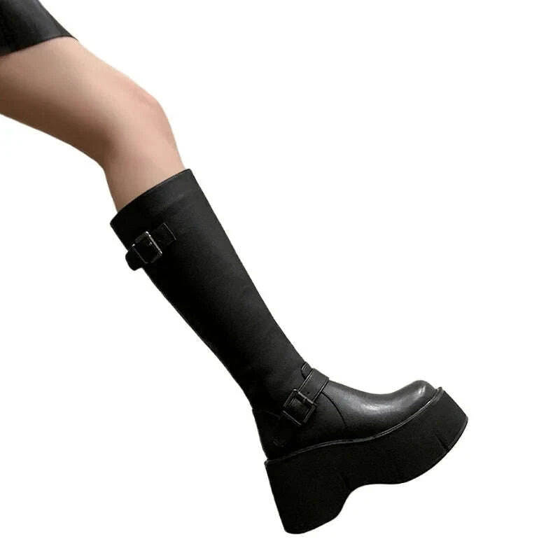 KIMLUD, 2024 Women's Shoes Basic Women's Boots Classics Knee-High Boots Women Belt Buckle Side Zip Round Toe Wedge Platform Shoes Ladies, KIMLUD Womens Clothes