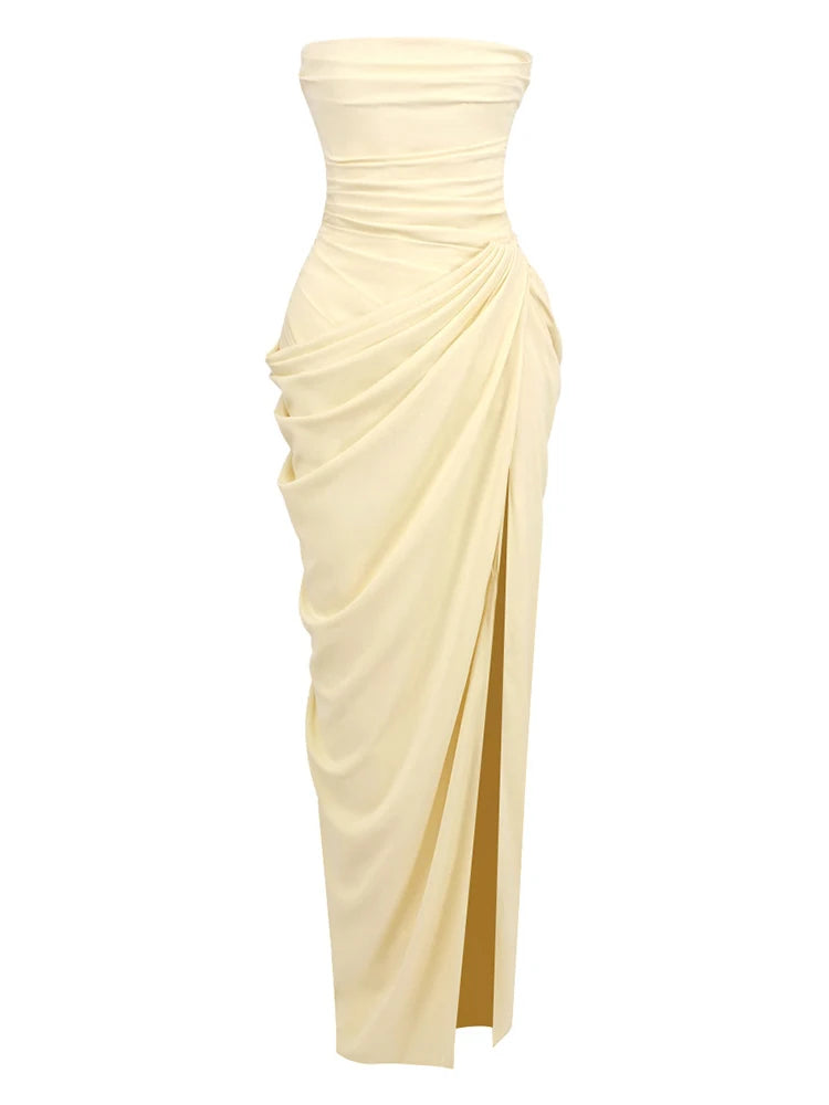 Dresses – Strapless Backless Lace-Up Ruched – Polyester | KIMLUD