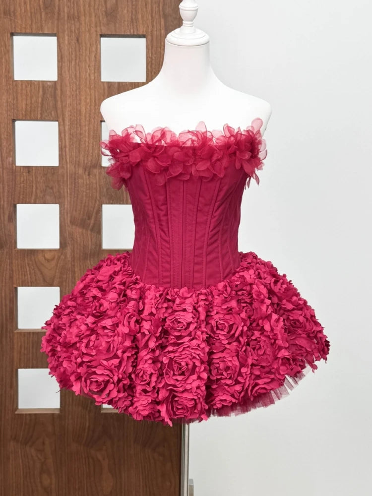 Strapless Floral Lace Mini Dress - Backless - Polyester - Red | KIMLUD