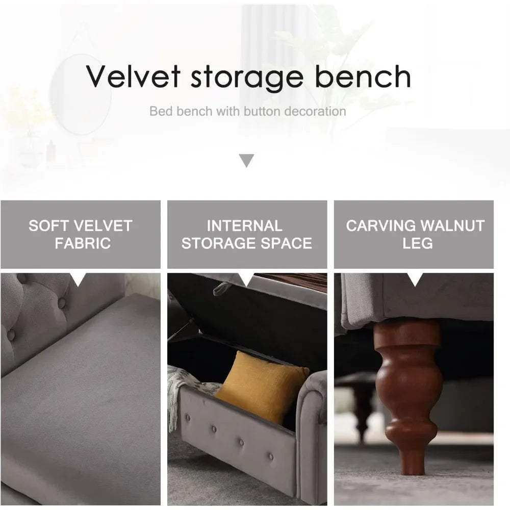 Velvet Storage Bench with Button for Entryway, Living Room63'' Storage Ottoman Bench for Bedroom, End of Bed Bench with Arms