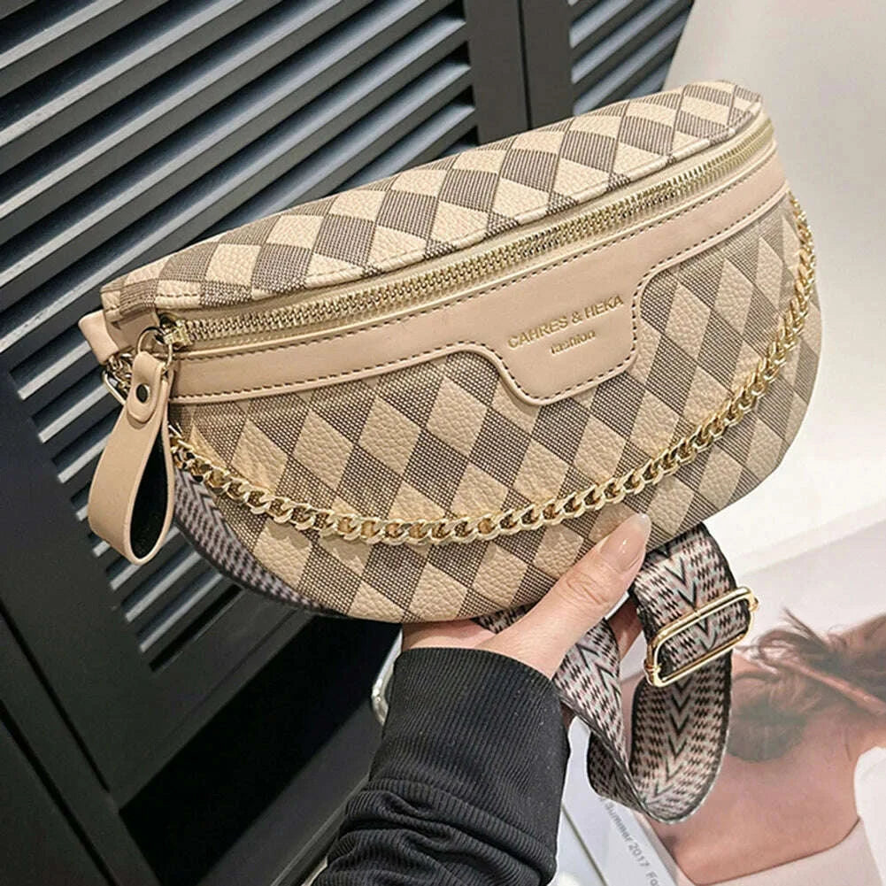 KIMLUD, Rhombic Lattice Female Sling Waist Pack Fashion Chain Sports Satchel Casual PU Leather Portable Wide Strap for Weekend Vacation, KIMLUD Womens Clothes
