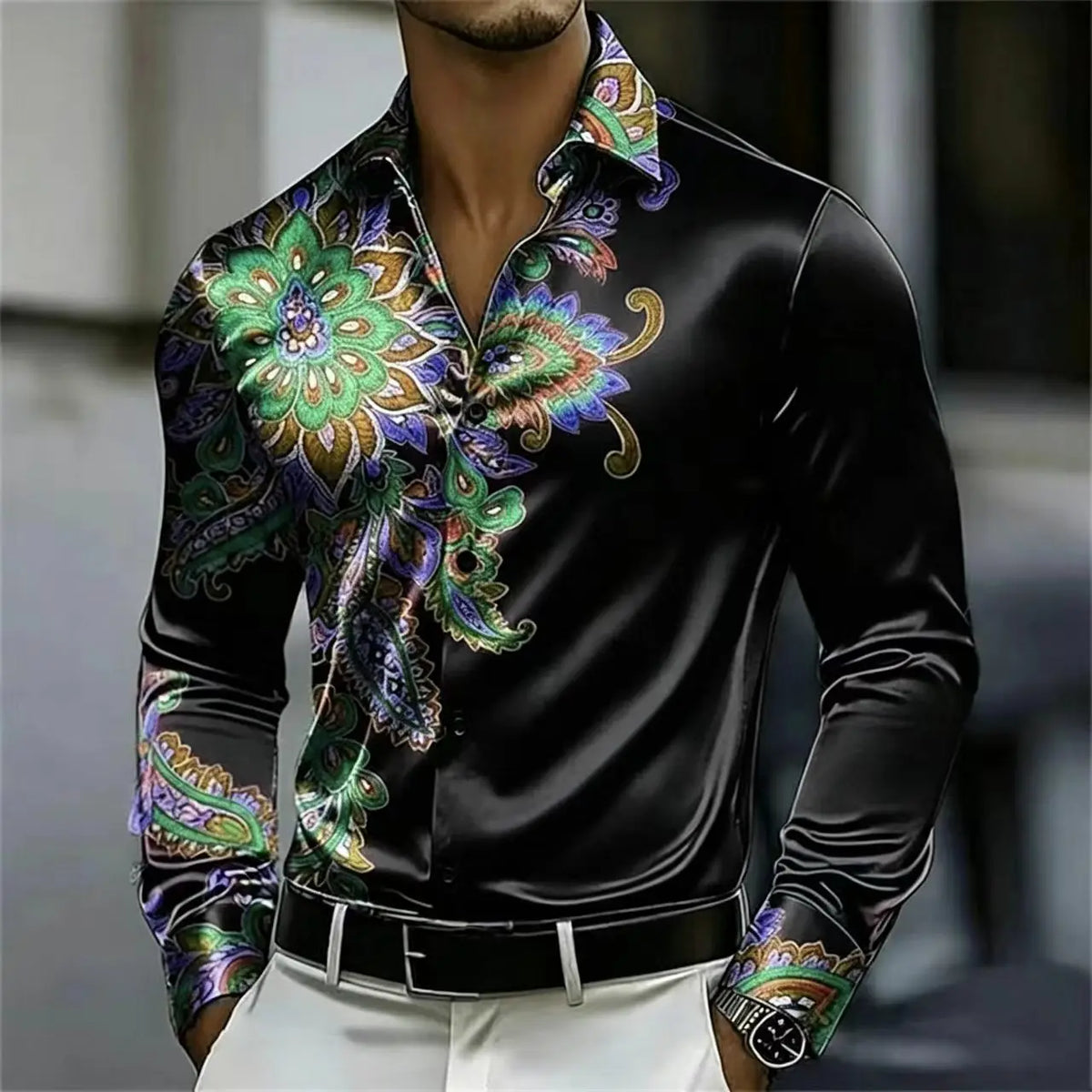Men's Satin Paisley Print Shirt – Silk Polyester | KIMLUD