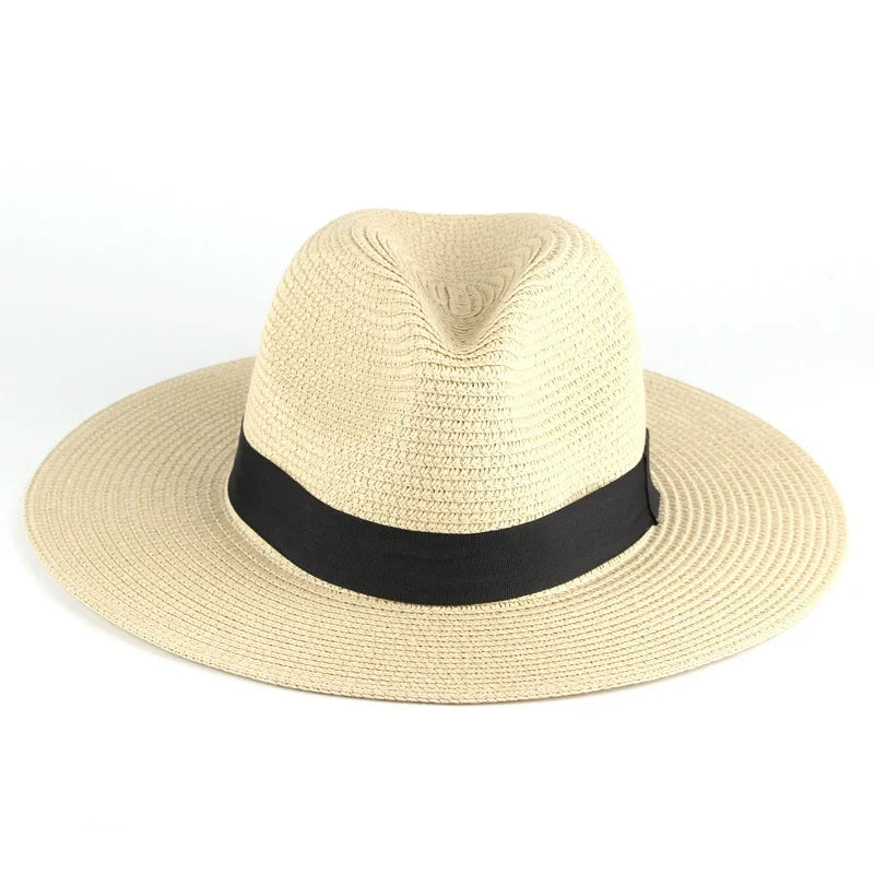 Fashion Men Straw Hat For Women Summer Trendy Beach Sun Hats Solid Color Fedoras Ribbon Casual Cowboy Jazz Cap Gangster Cap Male