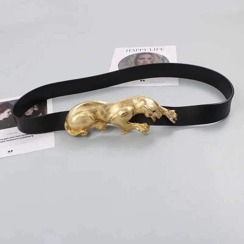 KIMLUD, Women's Fashion Black Genuine Leather Gold Leopard corset Female Cummerbund Coat Waistband Dress Decration Wide Belt J005, KIMLUD Womens Clothes