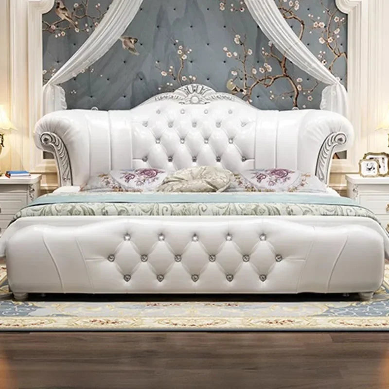 Wood Modern Leather Bed European Style With Contoured Frame And Plush Upholstery — Cream Ivory | KIMLUD