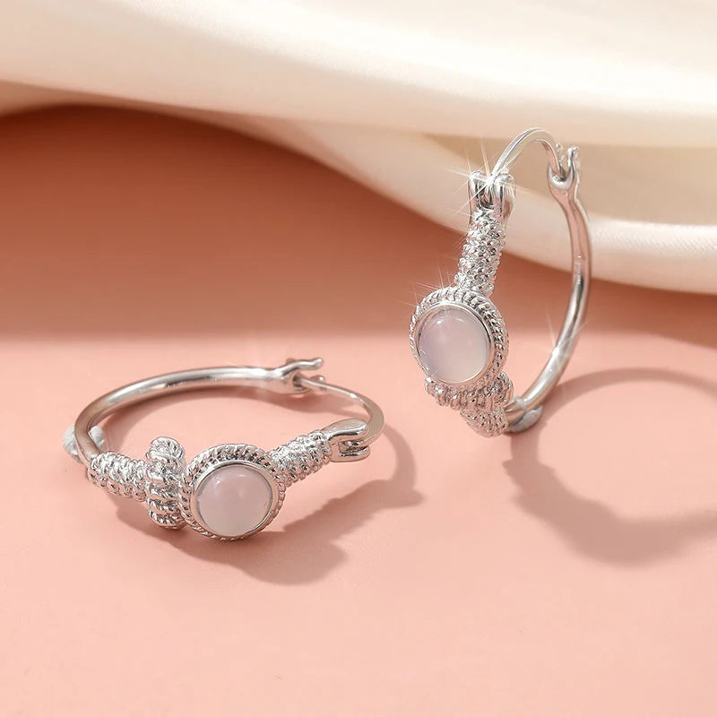 Bohemian Style Vintage Inlaid Synthetic Moonstone Hoop Earrings Women Elegant Silvery Plated Banquet Wedding Jewelry Accessories