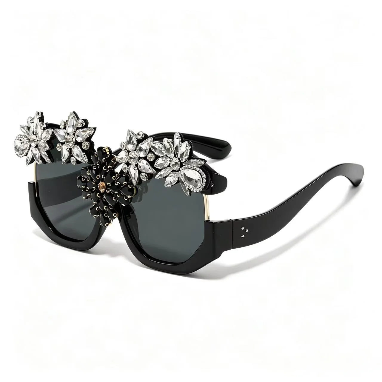 Oversized Floral Rhinestone Sunglasses Women Exaggerated Luxury Statement Eyewear for Retro Party Fashion Show V400