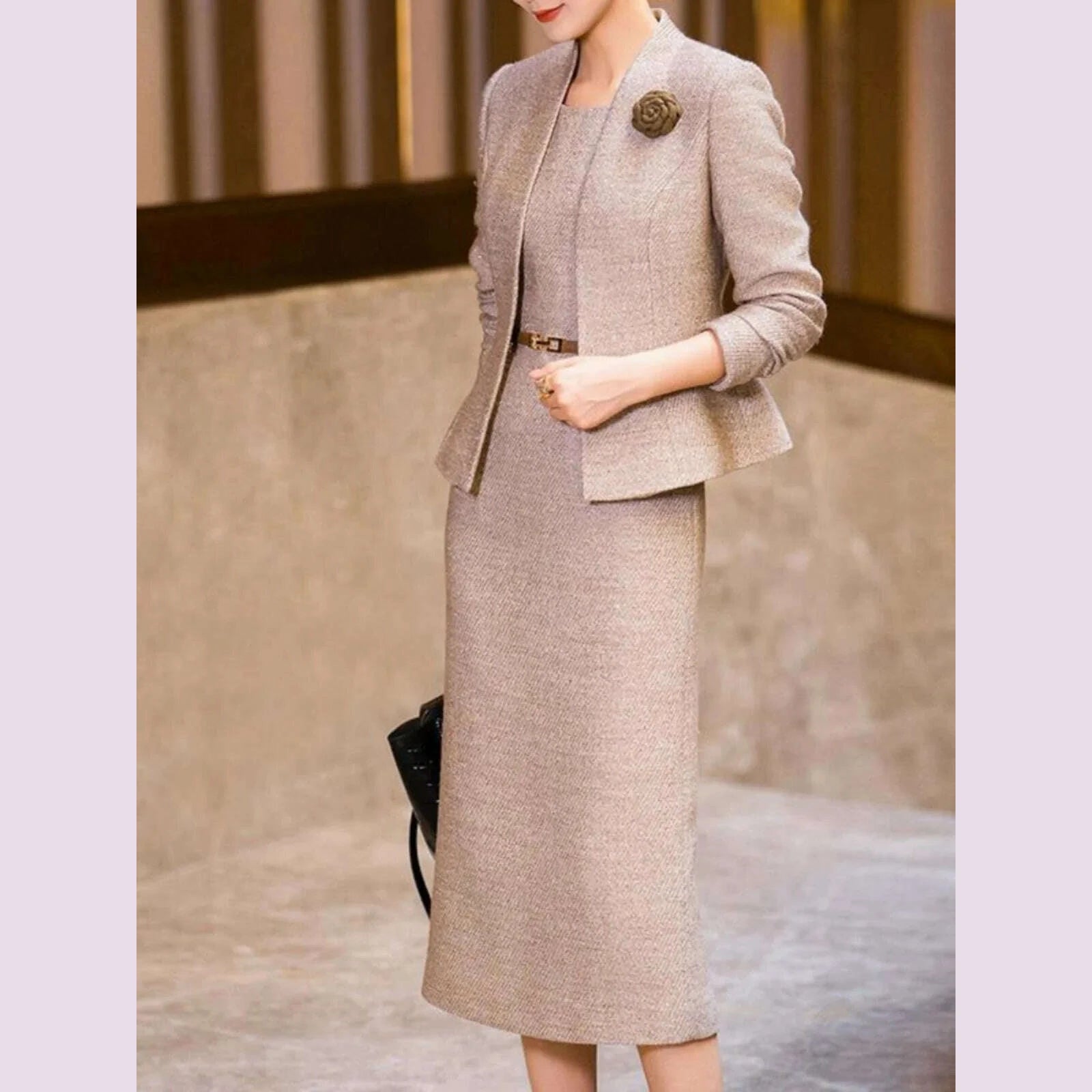 Woolen Little Fragrant Style Set for Women Fashionable and Stylish Ladies'  Slimming Dress Knee Length Two Piece Set