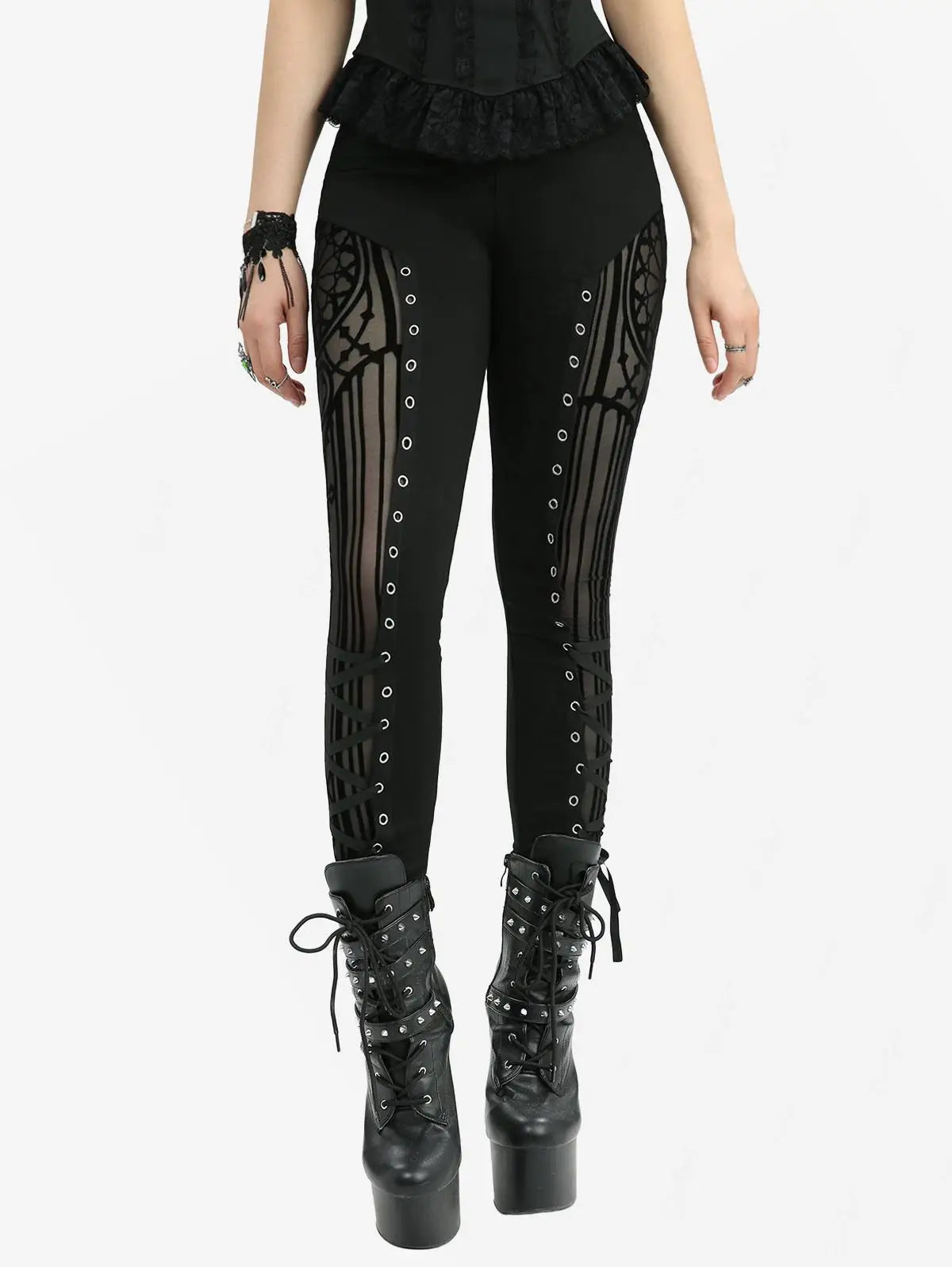 ROSEGAL Gothic Mesh Flocking Patchwork Lace-Up Skinny Pants For Women High Waist Trousers Black Leggings