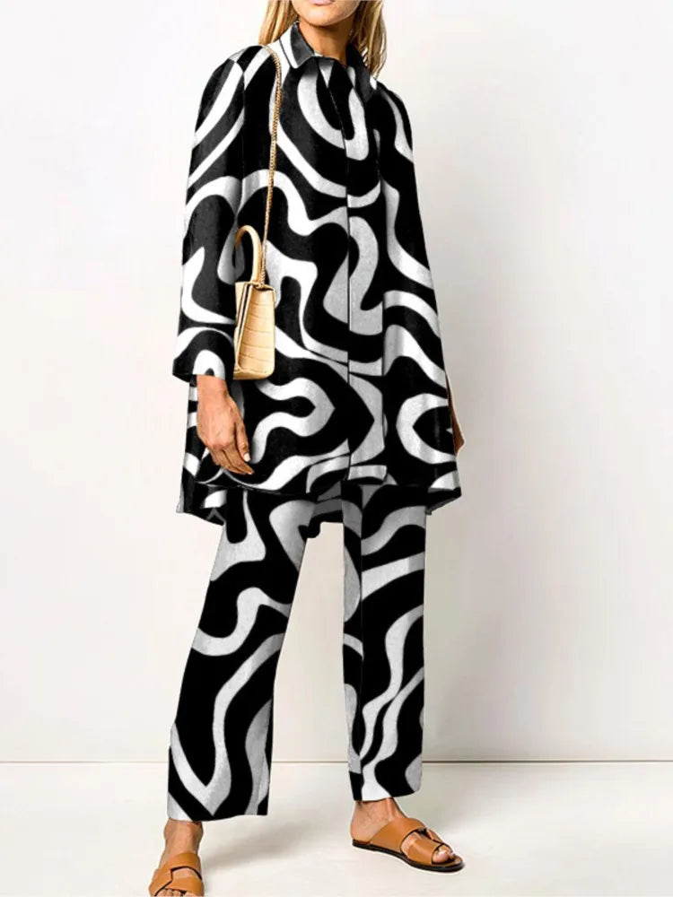 Two-Piece Set – Printed Autumn Vintage – Broadcloth – Wide-Leg Pants | KIMLUD