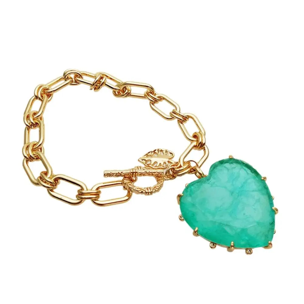 Yellow Gold Plated Heart Charm Bracelet — Green | KIMLUD